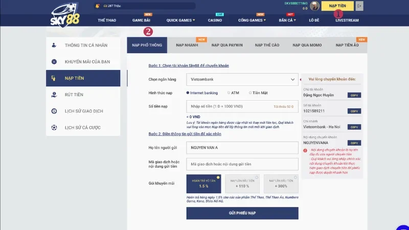 Cách nạp tiền Sky88 nhanh chóng theo từng phương thức